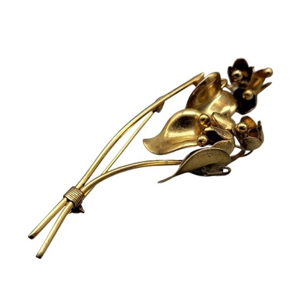 Large Flower Brooch Gold Plated Stemmed Floral Vinatge Large Pin - Picture 7 of 7